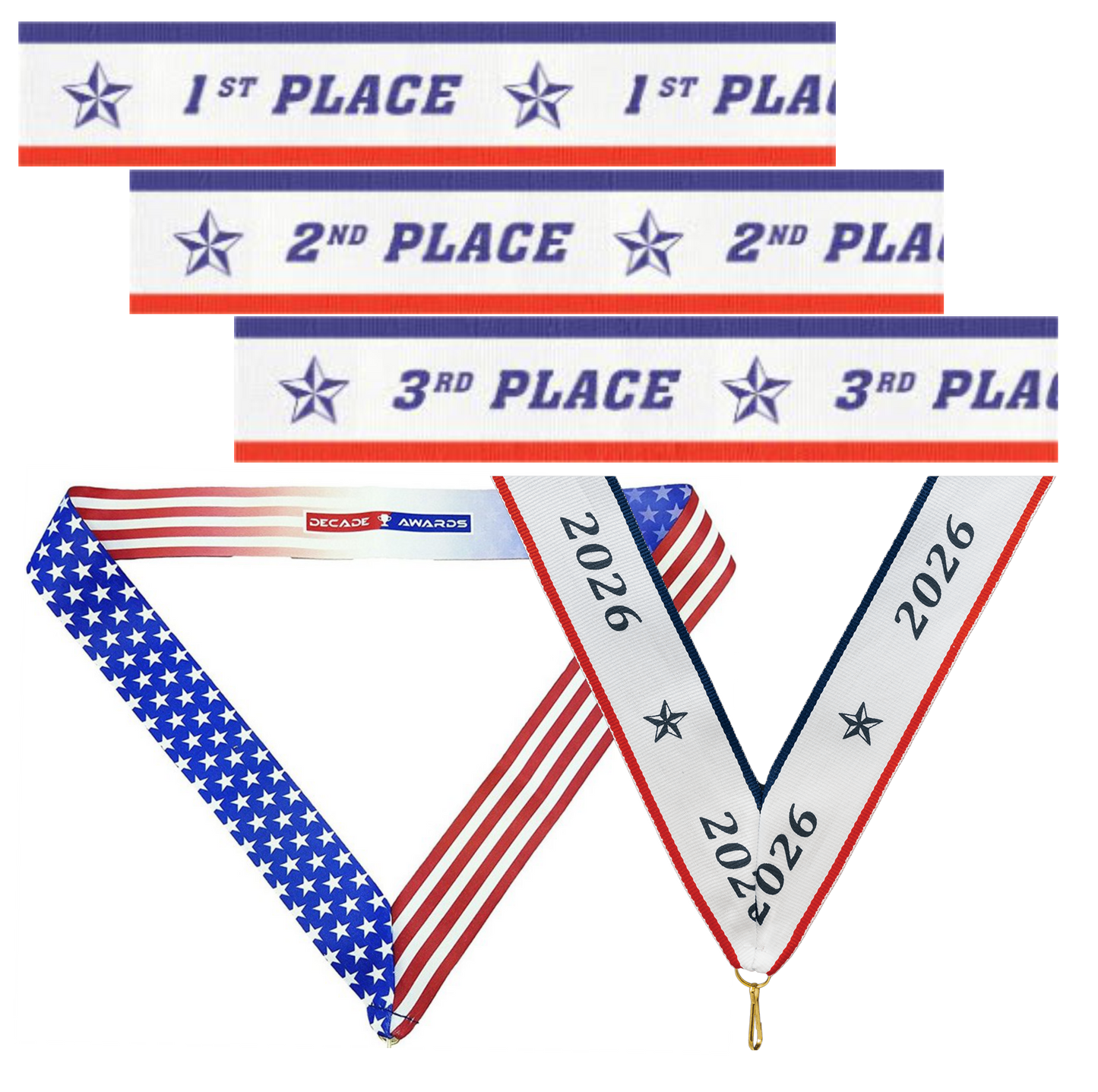 Award ribbon options for 1st , 2nd and 3rd Place Ribbons, 2026 ribbon and Decade Awards Stars & Stripes Ribbon