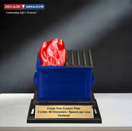 Blue recycling dumpster fire trophy with customizable plate, by Decade Awards.