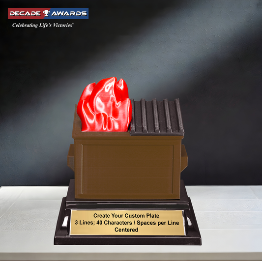 Brown compost dumpster fire trophy with free engraving by Decade Awards
