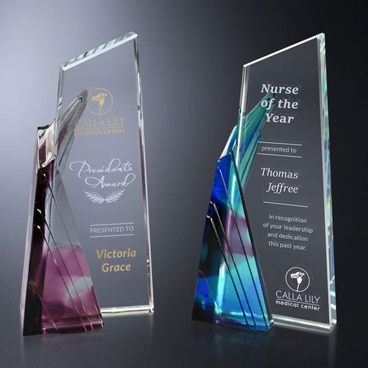 Achievement Crystal Corporate Award - Blue or Purple | Engraved Crystal Award - 8.5 Inch Tall