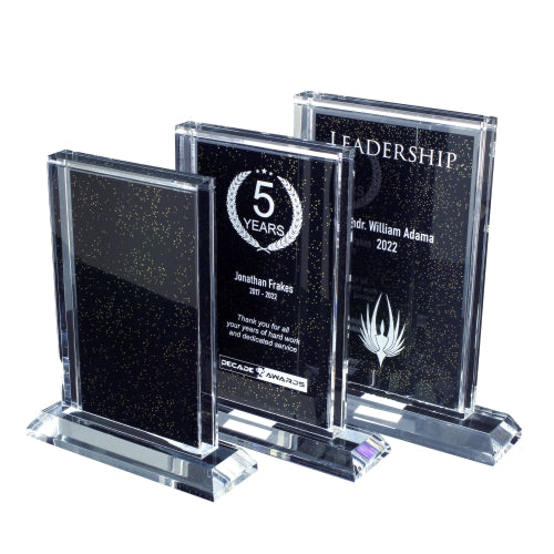 Acrylic Plaque, Black & Gold Background | Engraved Deco Corporate Award - 8, 8.5 or 9 Inch Tall Decade Awards