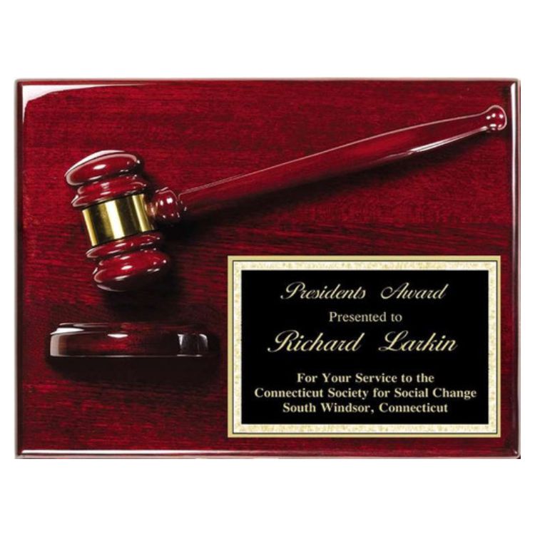 Gavel Plaque | Engraved Rosewood Gavel Plaque with Piano Finish - 9" x 12" Decade Awards