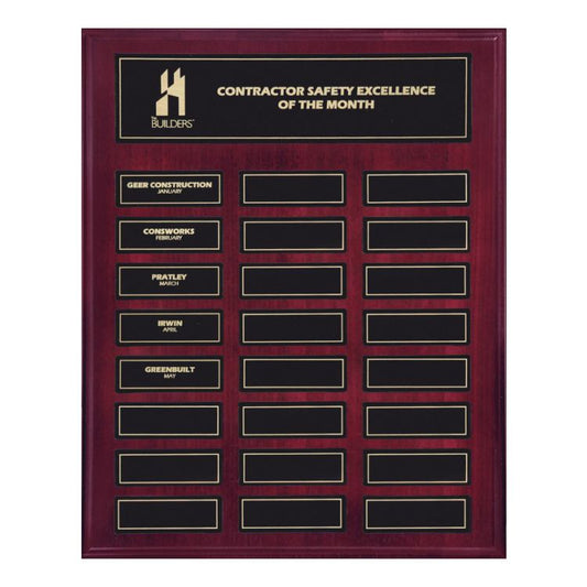 Perpetual Plaque | Mahogany Finish Plaque with 24 Magnetic Engraving Plates Decade Awards