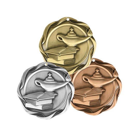 Academic Fusion Medal - Gold, Silver or Bronze | Engraved Lamp of Knowledge Medallion - 3 Inch Wide Decade Awards