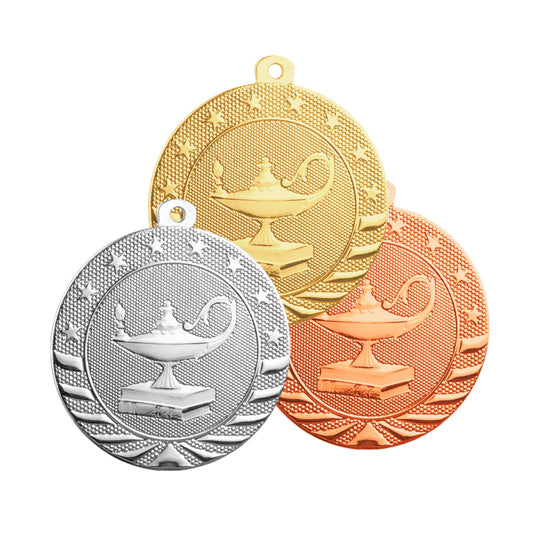 Academic StarBrite Medal - Gold, Silver, Bronze | Engraved Lamp of Knowledge Medallion - 2 Inch Wide Decade Awards