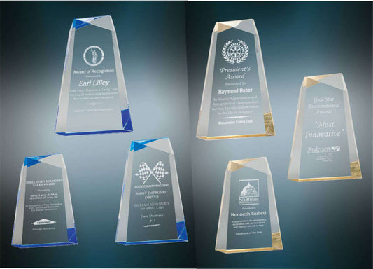 Acrylic Award, Blue or Gold | Engraved Acrylic Facet Wedge Award - 7, 8 or 9 Inch Tall Decade Awards