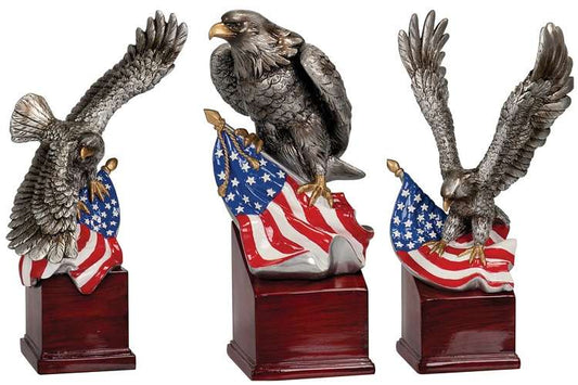 American Eagle Resin Trophy | Engraved Silver Eagle with American Flag Award - 3 styles Decade Awards