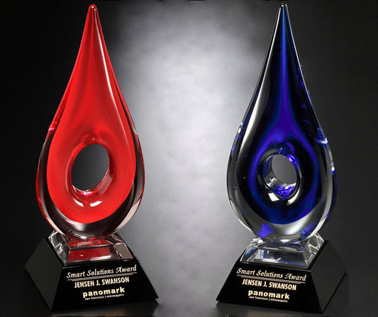 Art Glass Trophy - Red or Blue Teardrop | Engraved Artistic Corporate Award - 14" Tall Decade Awards