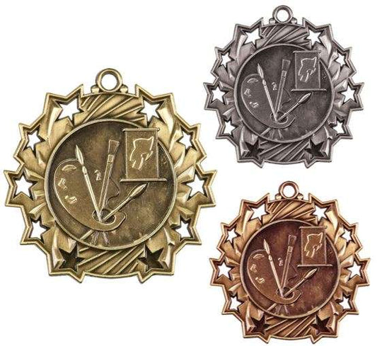 Art Ten Star Medal - Gold, Silver or Bronze | Engraved Paint Palette & Canvas 10 Star Medallion | 2.25 Inch Wide Decade Awards