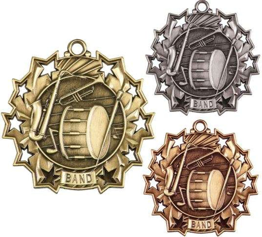 Band Ten Star Medal - Gold, Silver or Bronze | Engraved Musician 10 Star Medallion | 2.25 Inch Wide Decade Awards