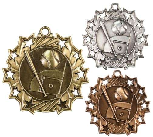 Baseball Ten Star Medal - Gold, Silver or Bronze | Engraved Baseball League 10 Star Medallion | 2.25 Inch Wide Decade Awards