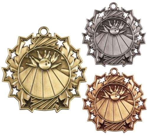Bowling Ten Star Medal - Gold, Silver or Bronze | Engraved Bowler 10 Star Medallion | 2.25 Inch Wide Decade Awards