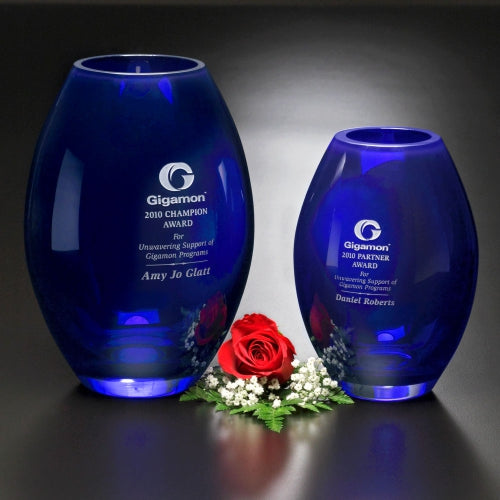 Cobalt Barrel Crystal Vase - Corporate Award | Engraved Crystal Vase - 8.5" or 10.5" Decade Awards