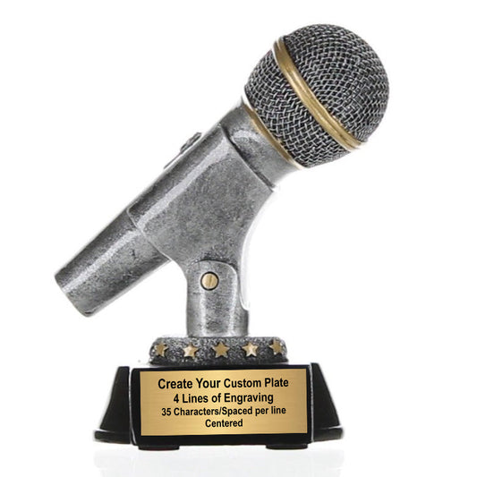 Silver Microphone Trophy - Karaoke Singer DJ Announcer Mic Award with free engraving - 6 Inch Tall Decade Awards