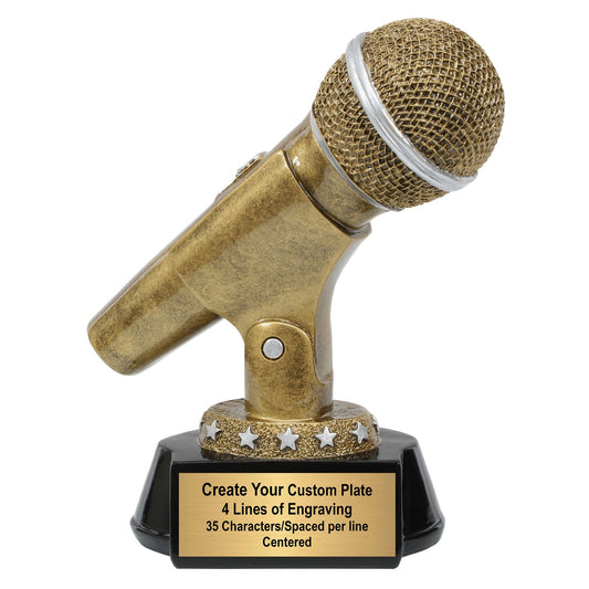 Gold Microphone Trophy with Free Engraving - Custom Engraved Mic Drop Karaoke Singer DJ Announcer Award - 5.75 Inch Decade Awards