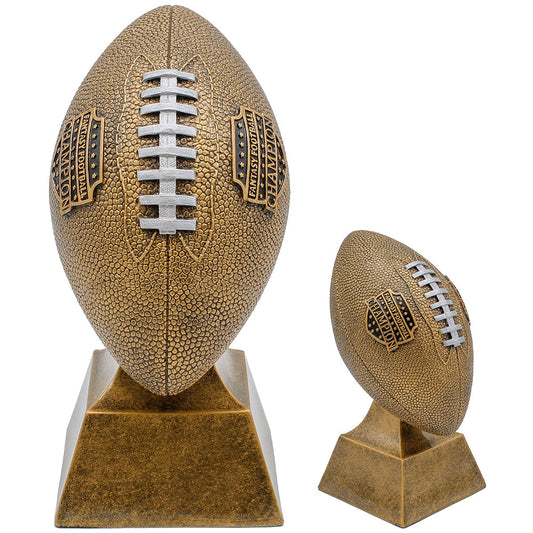 Gold Fantasy Football Trophy with contrasting silver laces and Champion shield – Custom engraved FFL winner award from Decade Awards
