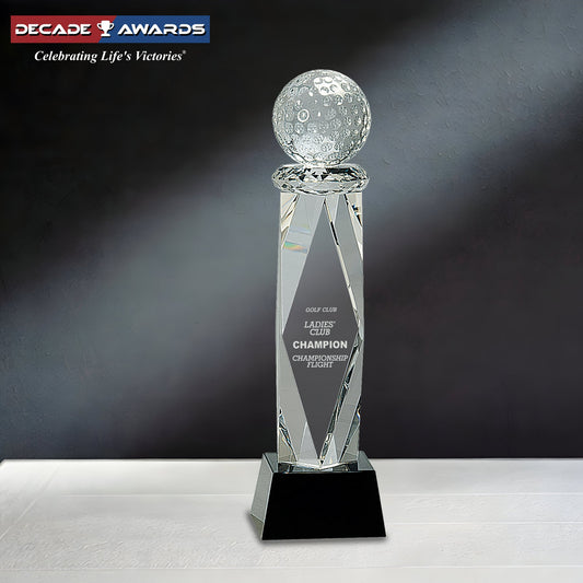 Crystal Golf Trophy Award with free custom engraving from Decade Awards