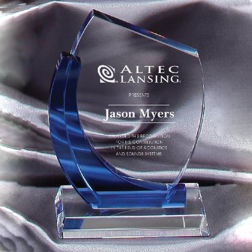 Blue Chesapeake Crystal Trophy | Personalized Corporate Award | 7.875 or 8.5 Inches Tall