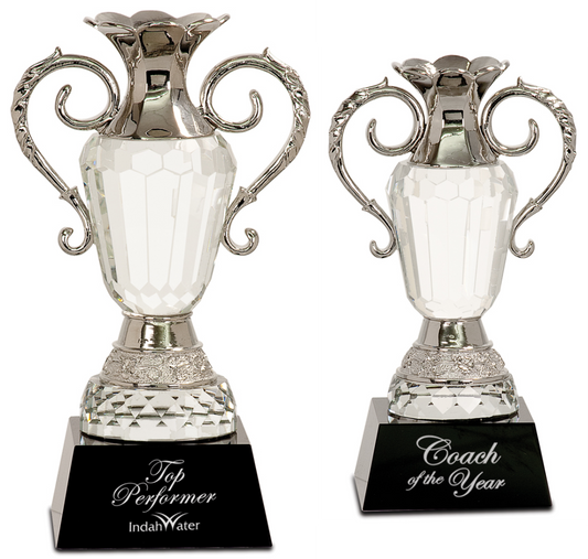 Crystal Cup Award with Silver Handles | Love Cup Crystal Trophy - 8" & 10" Decade Awards
