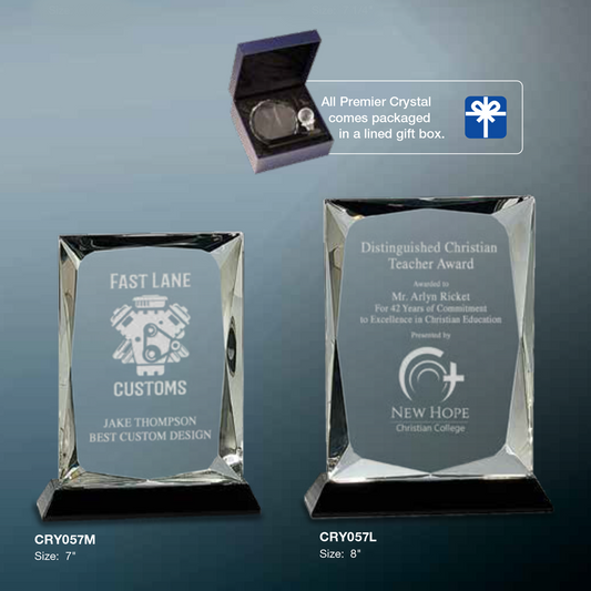 Crystal Plaque on Black Base Trophy - 7 or 8 Inch Tall | Engraved Crystal Award Decade Awards