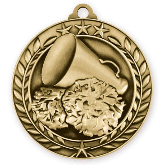 Cheer Wreath Medal - Gold | Engraved Gold Spirit Medallion - 2.75 Inch Wide Decade Awards