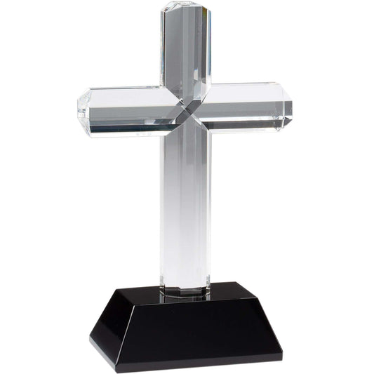 Crystal Cross - 8.5 Inch Tall | Engraved Crystal Cross on Black Base Decade Awards