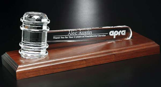 Crystal Gavel on Royal Finish Base | Engraved Crystal Gavel - 11.5" Wide Decade Awards
