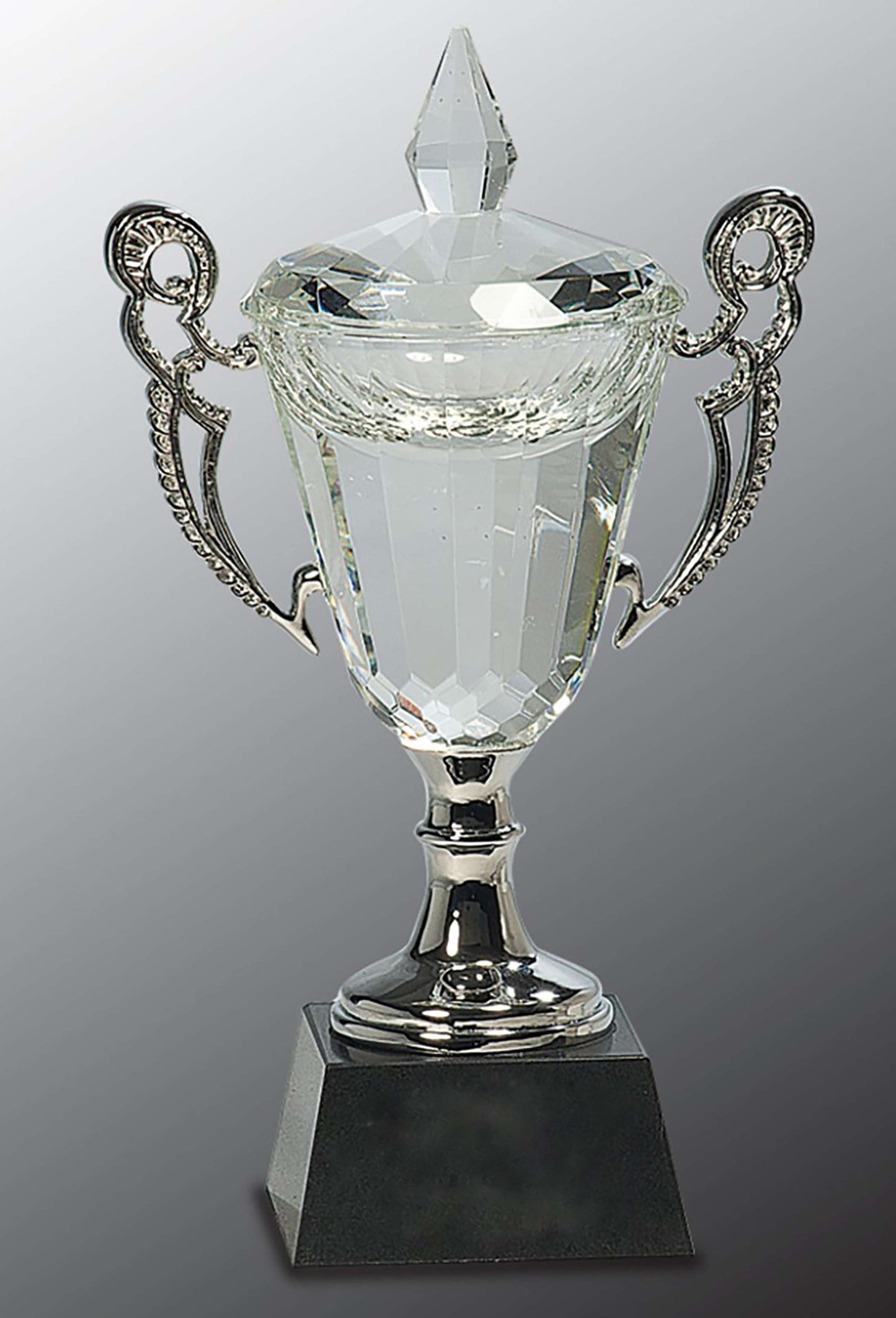 Cup Trophy - Crystal & Silver | Crystal Cup Award with Silver Handles - 8, 9.5 and 11.25 Inch Tall Decade Awards