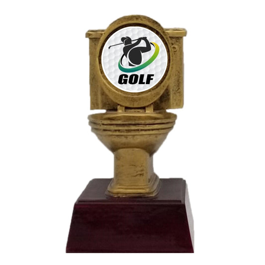 Gold Toilet Bowl Trophy, Golf | Engraved Golden Throne Last Place Duffer Award - 6 Inch Tall Decade Awards