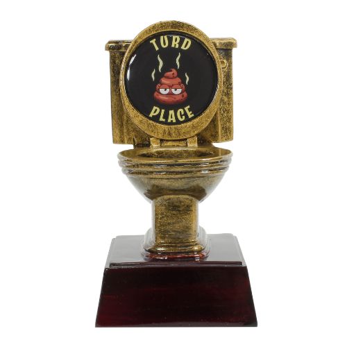 Gold Toilet Bowl Trophy, Turd Place | Engraved Golden Throne Last Place LOSER Award - 6 Inch Tall