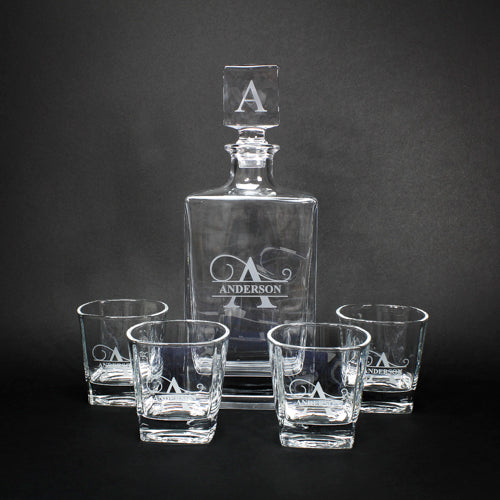 Custom Engraved Rectangular Decanter Set with 4 Glasses - Personalized Gift Decade Awards