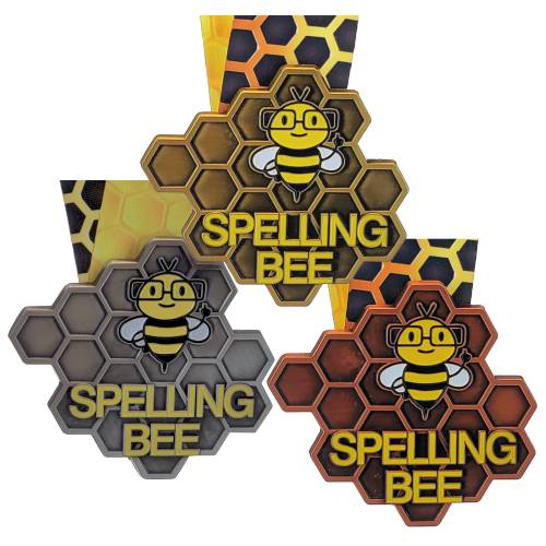 Spelling Bee Honeycomb Medal - Gold, Silver or Bronze | Engraved Spelling B Medal with Honeycomb Neckband - 3.25 Inch Wide Decade Awards