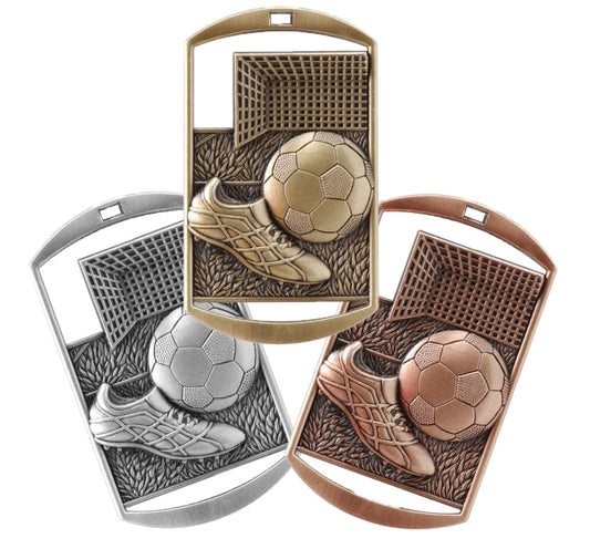 Soccer Dog Tag Medal with Ribbon – Gold Silver or Bronze, free custom engraving for soccer players and coaches by Decade Awards