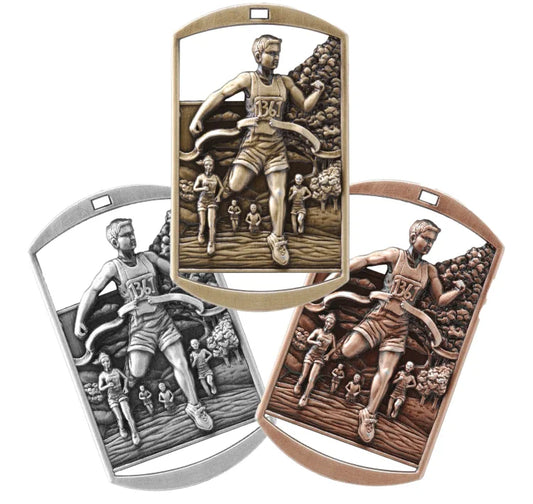 Personalized Cross Country Medal with Ribbon | Gold, Silver or Bronze | Running Dog Tag Medal | 1.5 x 2.75 Inches Wide