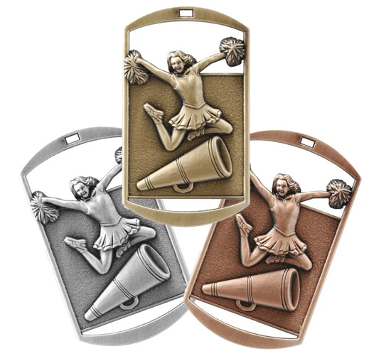 Personalized Cheer Medal with Ribbon | Gold, Silver or Bronze | Spirit Dog Tag Medal | 1.5 x 2.75 Inches Wide