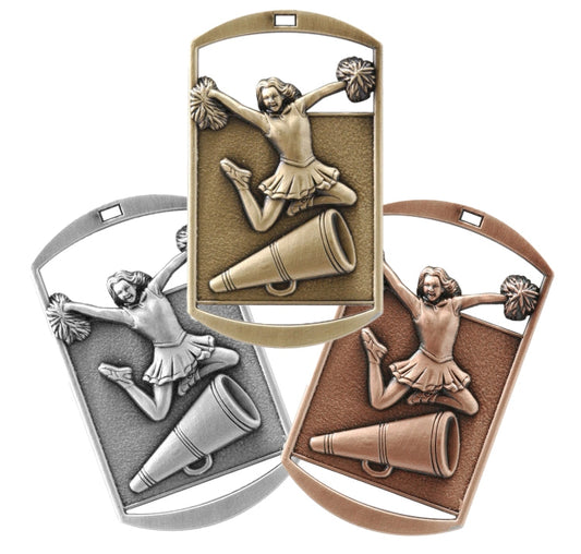 Personalized Cheer and Spirit Dog Tag Medal with Ribbon – Gold Silver or Bronze, free custom engraving for squads and coaches by Decade Awards
