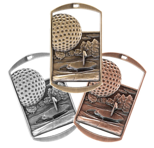 Golf Tournament Dog Tag Medal with Ribbon – Gold Silver or Bronze, free custom engraving for golf events and tournaments by Decade Awards