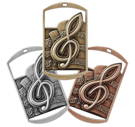 Gold silver or bronze music dog tag medal with ribbon and free custom engraving by Decade Awards