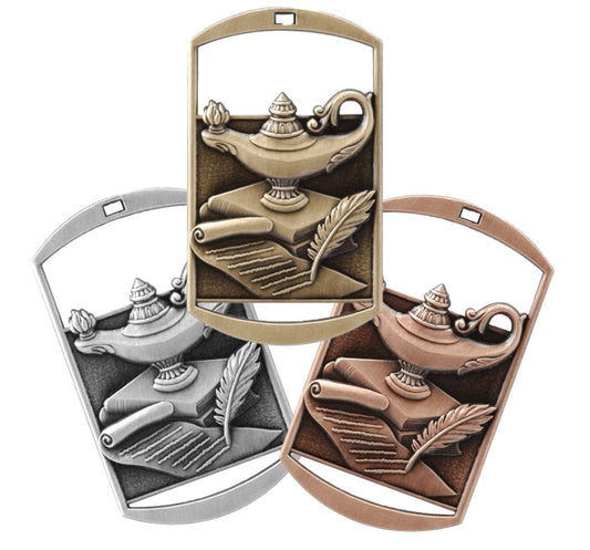 Gold silver or bronze academic dog tag medal with ribbon and free custom engraving, Decade Awards. Scholastic and STEM award for students and teachers.