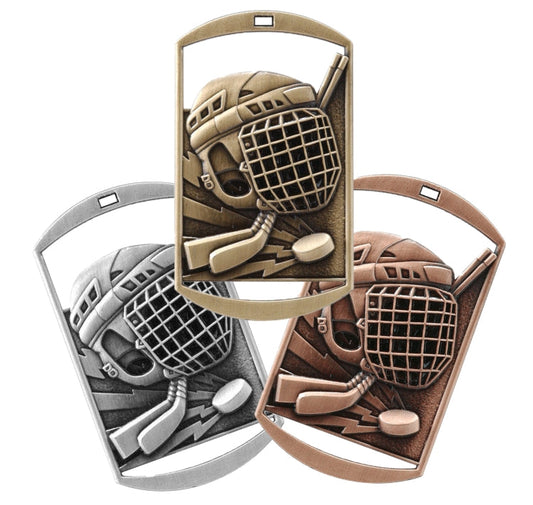 Hockey Dog Tag Medal with Ribbon – Gold Silver or Bronze, free custom engraving for players and coaches by Decade Awards