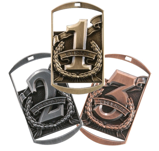 Gold silver or bronze 1st 2nd or 3rd place dog tag medal with ribbon and free custom engraving for any competition by Decade Awards