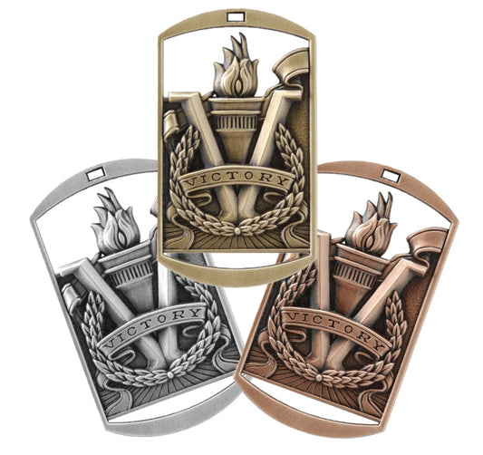 Victory Dog Tag Medal with Ribbon – Gold Silver or Bronze, free custom engraving -award and recognition medal by Decade Awards