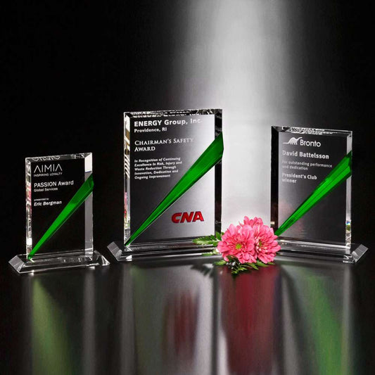 Danbury Emerald Rectangle Corporate Award | Engraved Crystal Award - 6.5", 7.5" or 8.5" Decade Awards