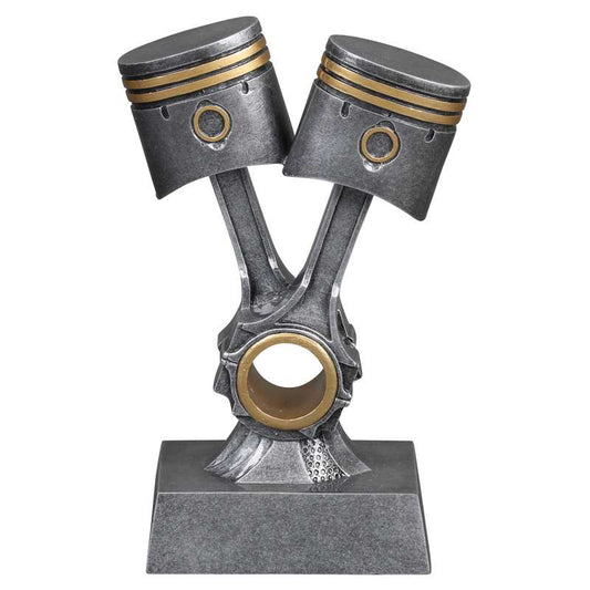 Automotive Trophy, Double Piston - Silver with Gold Accents | Engraved Mechanic Award - 8.25 Inch Tall Decade Awards