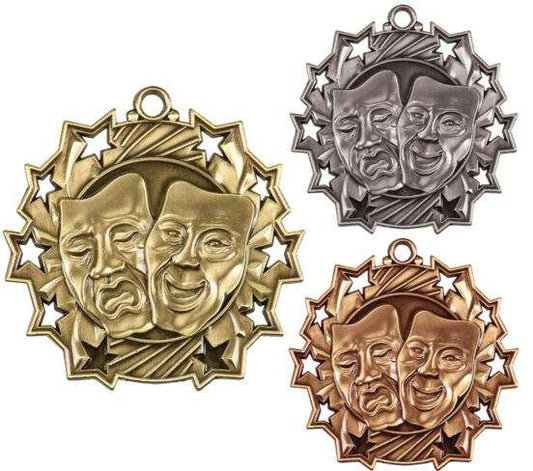 Drama Ten Star Medal - Gold, Silver or Bronze | Engraved Theater 10 Star Medallion | 2.25 Inch Wide Decade Awards