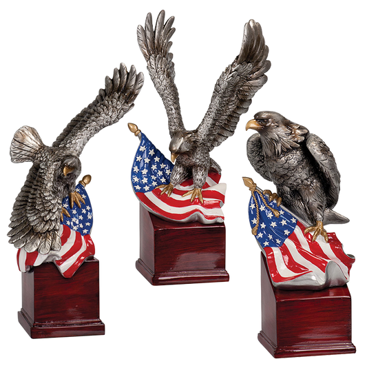 American Eagle Resin Trophy | Personalized Silver Eagle with American Flag Award | 8.75, 10 or 10.25 Inches Tall