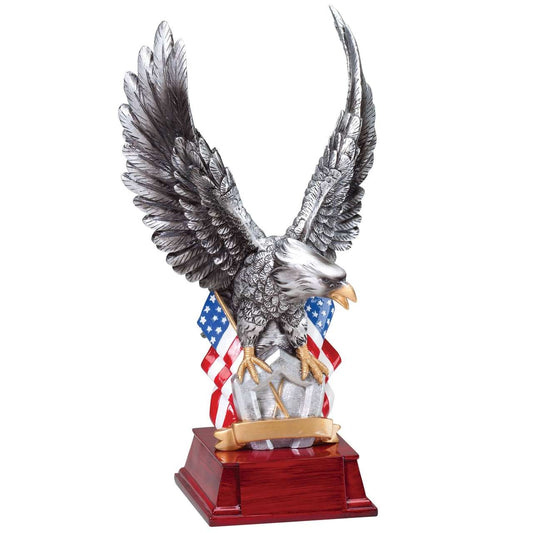 Eagle and American Flags Award | Engraved Patriotic Silver Eagle Trophy - 11 Inch Tall Decade Awards