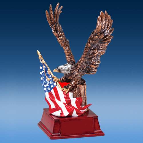 Eagle with American Flag Award | Engraved Patriotic Bronze Eagle Trophy - 9.25 Inch Tall Decade Awards