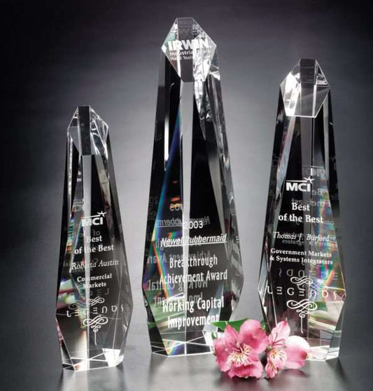 Encore Tower Crystal Corporate Award | Engraved Crystal Tower - 9.5", 10.75" or 12" Decade Awards