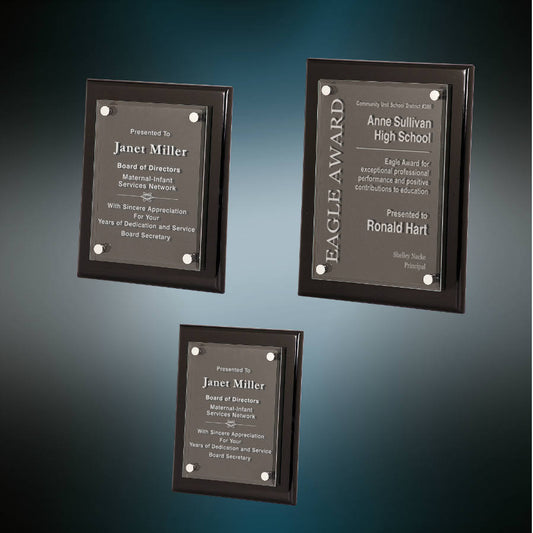 Floating Glass Plaque | High Gloss Black Finish | Personalized Corporate Plaque | 3 Sizes